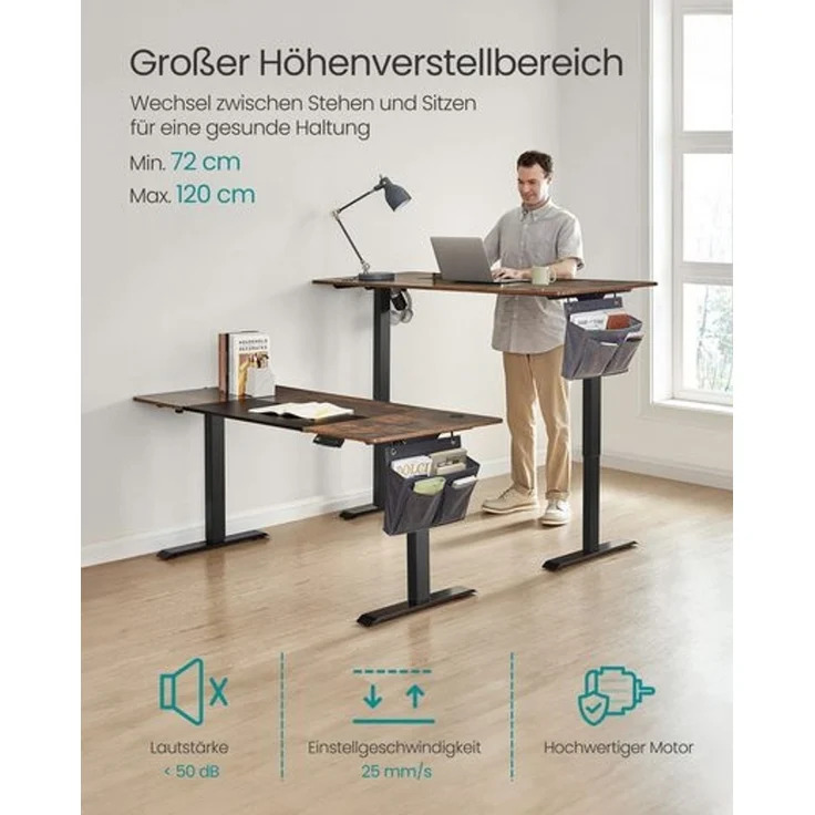 SONGMICS Schreibtisch, elektrisch höhenverstellbar 72-120 cm, mit Memory-Funktion, Vintagebraun-Schwarz, 72 x 70 x 160 cm – Bild 3