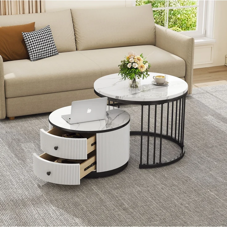 2er Couchtisch Set rund in Weiß, Wohnzimmertisch mit Marmoroptik Hochglanz, Beistelltisch mit Schubladen, modernes Tischset MDF – Bild 1
