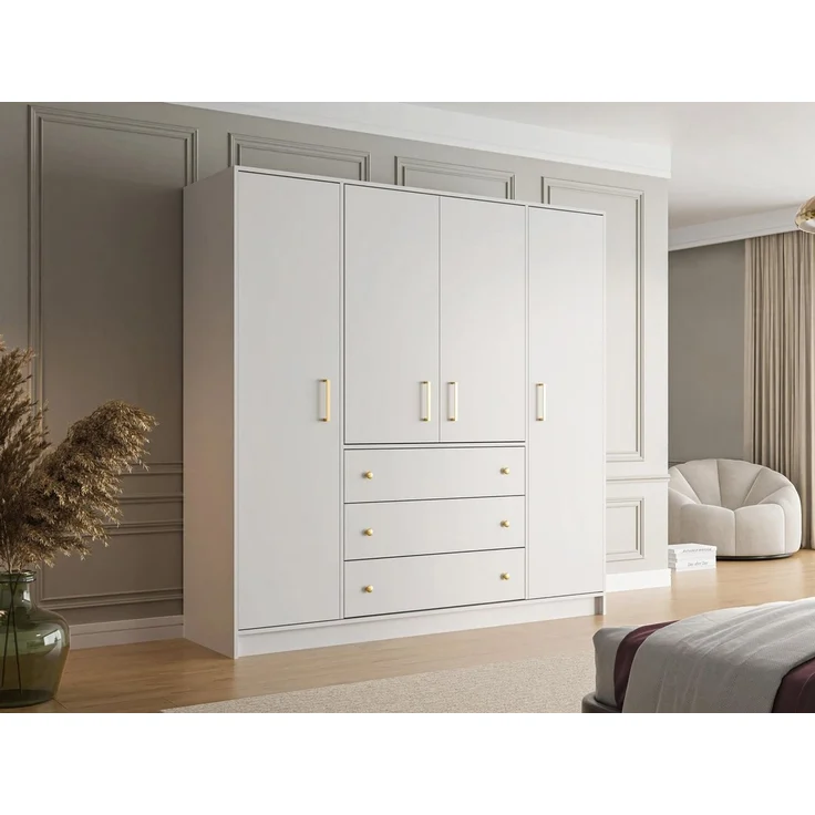 Beautysofa Drehtürenschrank RILO mit 4 Türen und goldfarbene Griffe (Kleiderstange, 8 Regalböden, 3 Schubladen, Farbe: Weiß oder Schwarz) Breite: 196 cm – Bild 5
