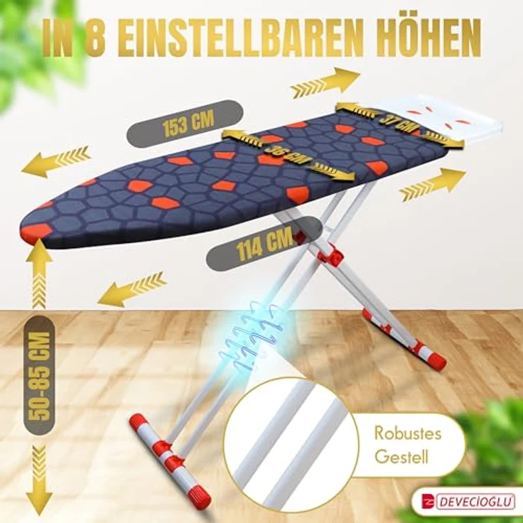 Harbinger Bügelbrett, 36x114 cm mit verstellbarer Höhe 50-80 cm, hitzebeständiger 100% Baumwollbezug – Bild 3