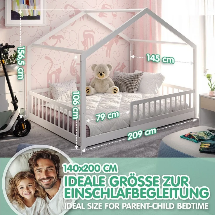 CADANI Kinderbett Malte Bodenbett Hausbett weiß (Rausfallschutz abnehmbar), Bodenbett Hausbett mit Roll-Lattenrost – Bild 4