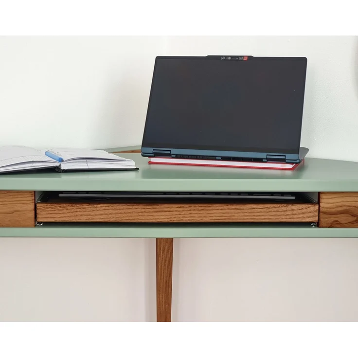 Ragaba Eckschreibtisch mit Tastaturauszug, MDF & Massives Eschenholz Eiche gebeizt, 114x61 cm, Salbei Grün – Bild 6