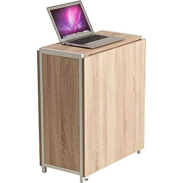 BAKAJI Mehrzweck-Schreibtisch, klappbar, ausziehbar, mit Bücherregal, 4 Fächern und Ablagen aus Holz und Stahl, Farbe Beige – Bild 3