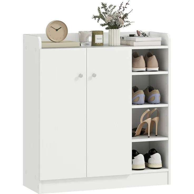 Schuhschrank für den Eingangsbereich für 12 Paar Schuhe – Schuhschrank mit 4 offenen Fächern und Doppeltürenschrank – verstellbares Regal – 83 L x 30 B x 90 H cm – weiß