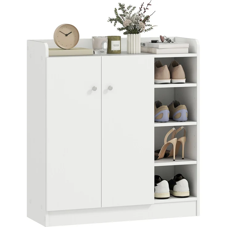 Schuhschrank für den Eingangsbereich für 12 Paar Schuhe – Schuhschrank mit 4 offenen Fächern und Doppeltürenschrank – verstellbares Regal – 83 L x 30 B x 90 H cm – weiß – Bild 1