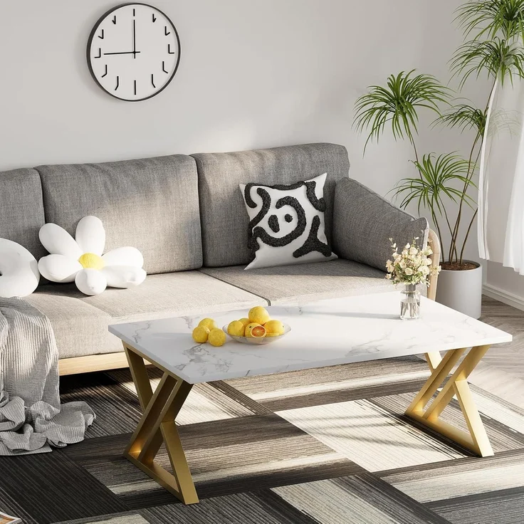 Couchtisch Holz Marmor Weiß Gold Metallgestell 100x48x55 cm – Bild 2