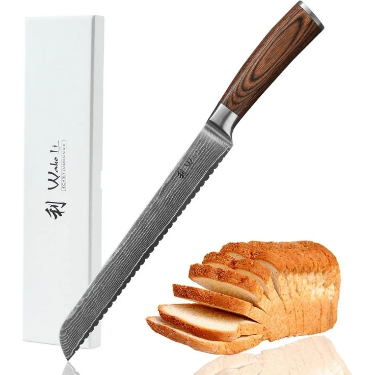 Wakoli Brotmesser EDIB Damastmesser I Küchenmesser Kochmesser I 23cm Wellenschliffklinge, VG10 Kern, 67 Lagen Damaststahl, Pakkaholzgriff, inkl. Geschenkbox – Bild 1