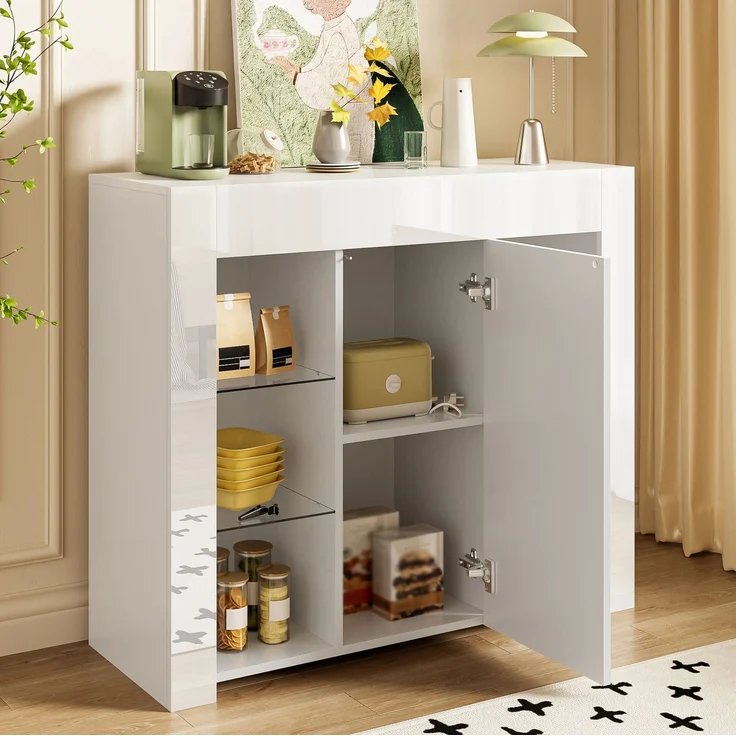 DESVIAE Sideboard mit Glaseinlegeböden und Tür 95x83x35 cm Spanplatte Weiß – Bild 6