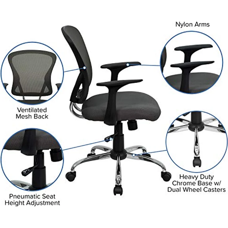 Flash Furniture Arbeitsstuhl, mittelhohe Rückenlehne, Netzmaterial, drehbar, mit Chrombasis und Armlehnen, Metall, dunkelgrau, 74 x 61 x 28 cm – Bild 5