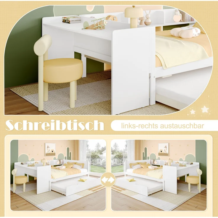 Multifunktionales Holzbett 140×200 cm mit Schreibtisch, ausziehbarem Rollbett & Regalen – platzsparendes Doppelbett – Bild 6