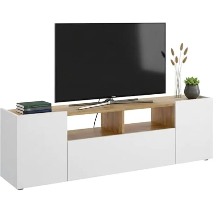 Dmora - TV-Schrank Etna, niedriges Sideboard für Wohnzimmer, TV-Sideboard für Wohnzimmer, 142x35h44 cm, Weiß und Eiche Nodi – Bild 2