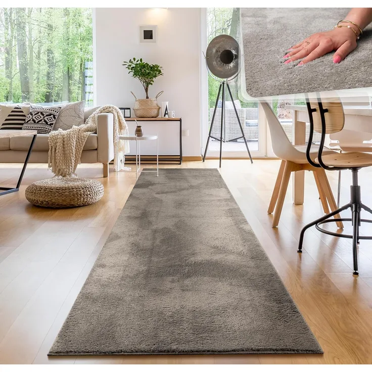 Paco Home Waschbarer Teppich Wohnzimmer Schlafzimmer Kurzflor rutschfest Flauschig Weich Moderne Einfarbige Muster, Grösse:80x300 cm, Farbe:Grau