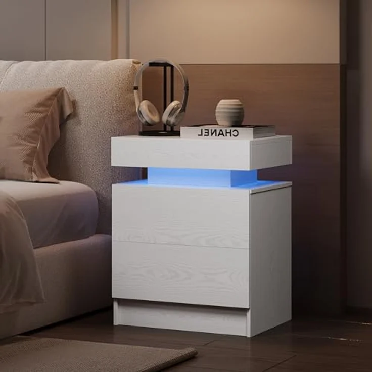 IRONCK Nachttisch Weiß mit LED-Licht & Ladefunktion, Beistelltisch mit USB+Typ-C Anschlussen, Nachtschrank mit 2 Schubladen, Sofatisch für Schlafzimmer, Wohnzimmer, 35 x 48 x 60 cm – Bild 9