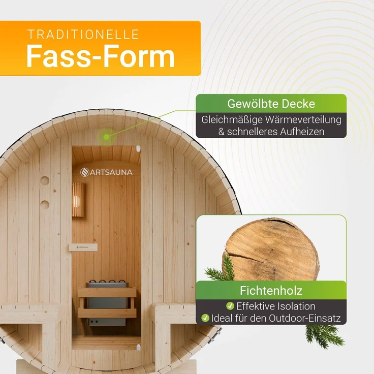 Artsauna Outdoor Fasssauna Spitzbergen 220 für 6 Personen und zwei Bänken - 8 kW Ofen, Saunasteine & Zubehör - Saunafass aus Fichtenholz - Außensauna Gartensauna – Bild 3