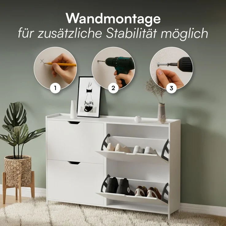Bellamio 'Ceyhan' Schuhschrank mit 4 Klappen, schmales Schuhregal, weiß, 100x19x90 cm, Schuhkipper für 8 paar Schuhe – Bild 6