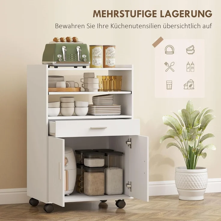 HOMCOM Küchenbuffet Doppeltürschrank (Küchenschrank, 1-St, mit Schubladen, Rollen) für Küche, Esszimmer, Weiß – Bild 4