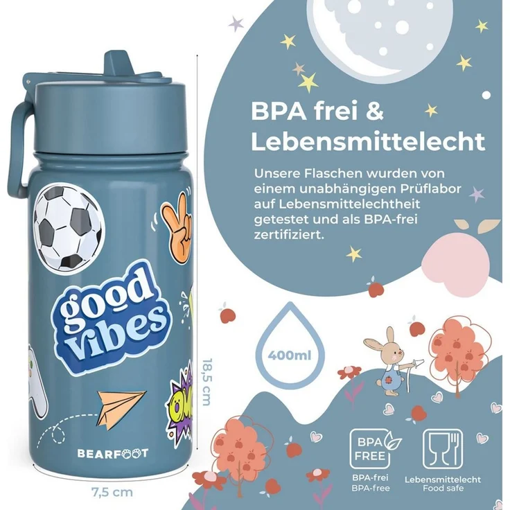 BEARFOOT Trinkflasche Thermo Kinder Trinkflasche Edelstahl - Sticker blau, Thermosflasche, auslaufsicher, Edelstahl, Kinderflasche, BPA-frei – Bild 3