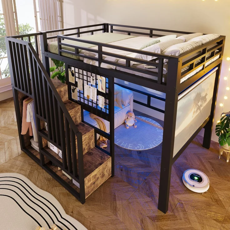 U-life Hochbett 140x200 cm, fürs Schlafzimmer, Eisenbett, Aufbewahrungstreppe, Gitter, Aufhängestange, MDF, Schwarz – Bild 3