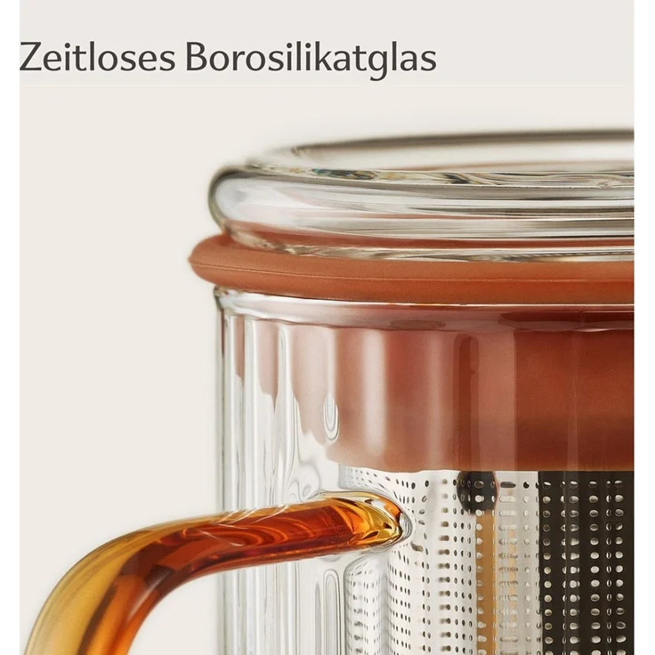 Cosumy Teeglas Teetasse mit Deckel und Sieb 450ml Orange, 1-tlg, Borosilikatglas, Edelstahl, Kork, Edelstahlfilter – Bild 3