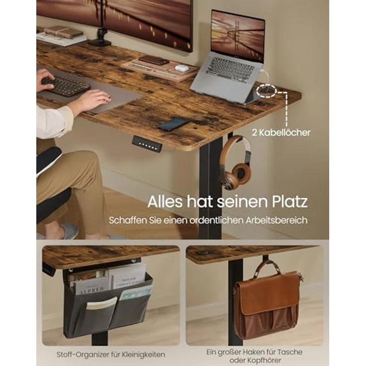 SONGMICS Höhenverstellbarer Schreibtisch elektrisch, 180x80 cm, Verstellbarer Tisch, Memory-Funktion für 4 Höhen, für Büro, vintagebraun LSD138K01 – Bild 7