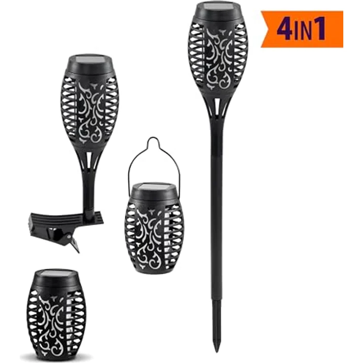 IC Gardenworld Solar Gartenfackel 5er Set mit Flammeneffekt, 4 in 1 Funktion, wetterfest, inkl. Akku, schwarz – Bild 2