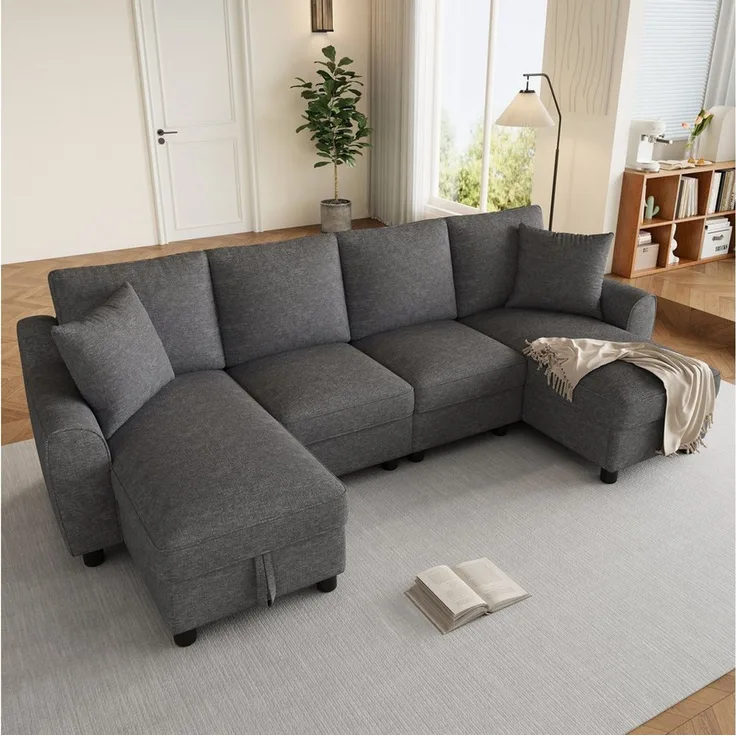 Celya Ecksofa Schlafsofa U-Form mit zwei Chaiselongues, mit zwei Kissen, mit aufklappbarem Stauraum, multifunktionales modulares Sofa