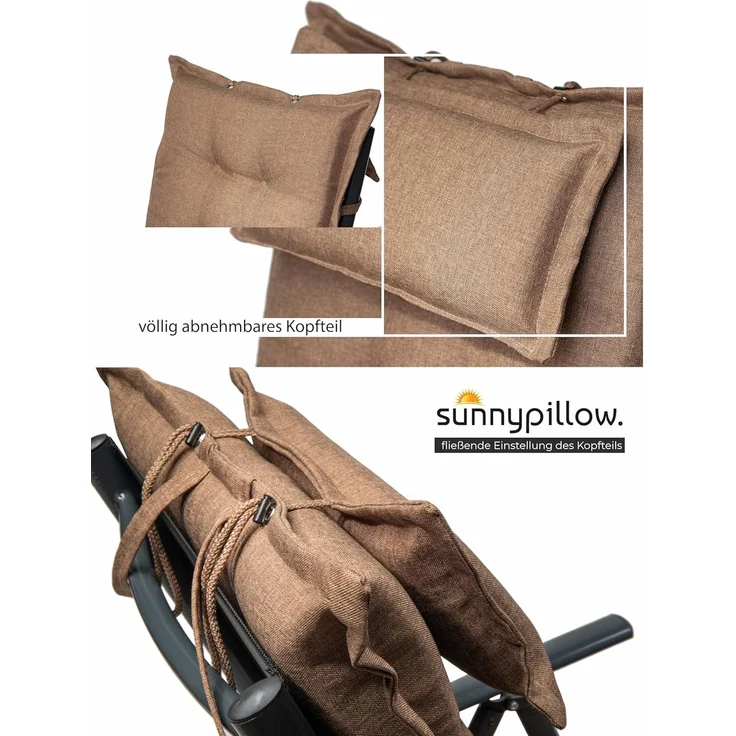 sunnypillow 6er Set Gartenstühle und Gartenstuhlauflagen Hochlehner | 120 x 50 x 9 cm Hochlehner Auflage wasserdicht UV-lichtecht | Klappsessel Klappstuhl für Garten Polsterauflagen Stuhlauflage | Braun – Bild 7