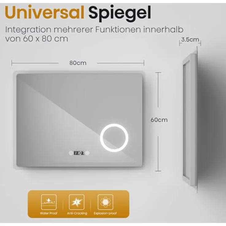 EMKE LED Badspiegel 80x60cm Uhr Beschlagfrei Kaltweißes Licht 3-fache Vergrößerung Touch – Bild 8