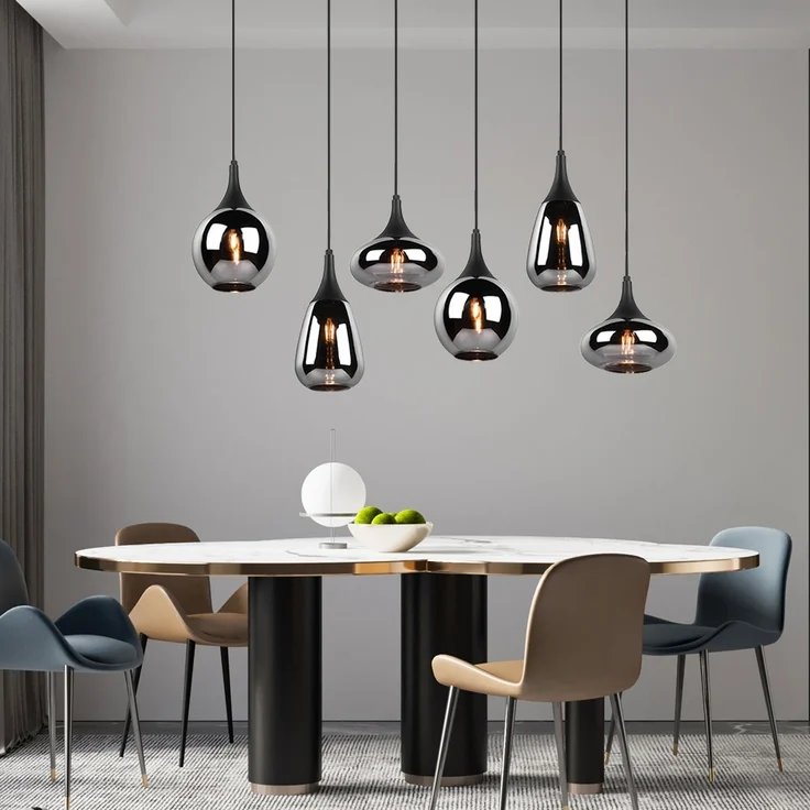 Hängeleuchte, Metall schwarz, Glas chrom, 6 Flammig, H 150cm – Bild 3