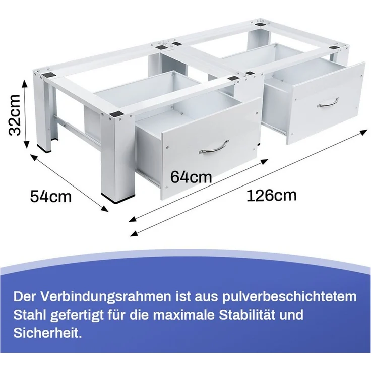 XERSEK Waschmaschinenuntergestell Stabiler Waschmaschinen-Sockel Schublade für Waschmaschine Trockner, Zubehör für inkl. 2x Schublade, max. 300kG,126x54 cm, 2-Fach, Unterschrank Podest Erhöhung Unterbau – Bild 2