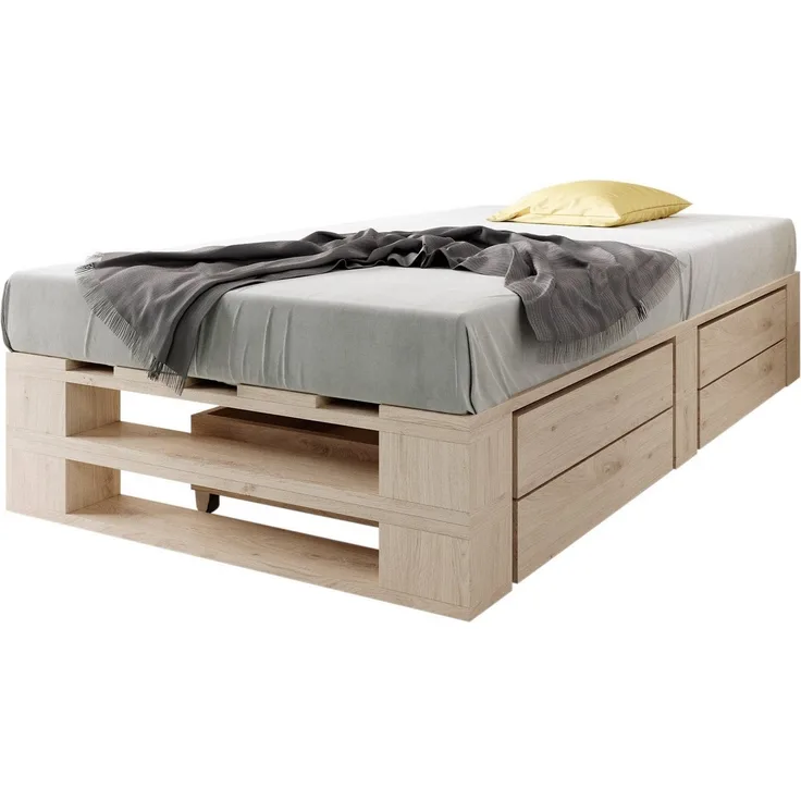 sunnypillow Palettenbett M2 aus Holz 120x200 cm mit Lattenrost und 2 Bettkästen. Stabiles Seniorenbett Kinderbett Jugendbett Gästebett erhöhtes Einzelbett Bettgestell Futonbett Komforthöhe Naturholz