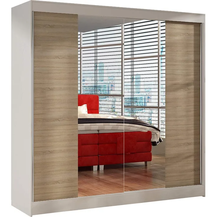 Schwebetürenschrank Basti II 200 cm mit Spiegel - Kleiderschrank, Schiebetürenschrank mit Kleiderstange und Einlegeboden, Schlafzimmerschrank, Schiebetüren, 200x215x58 cm (Weiß/Sonoma)