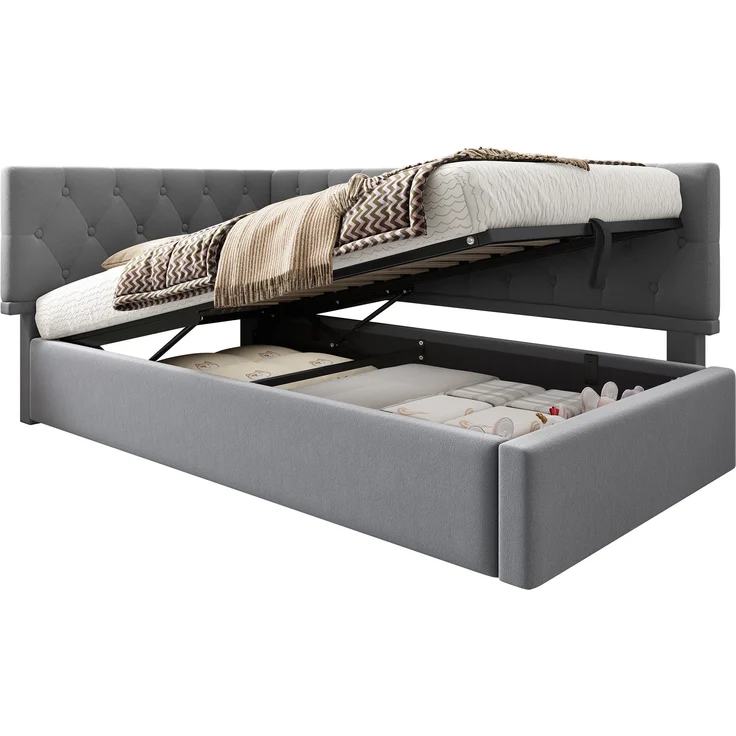 Schlafsofa L-Form Grau Samt Stauraum Hydraulisch 90x190 cm Beige Rosa Kopfteil beidseitig montierbar – Bild 8