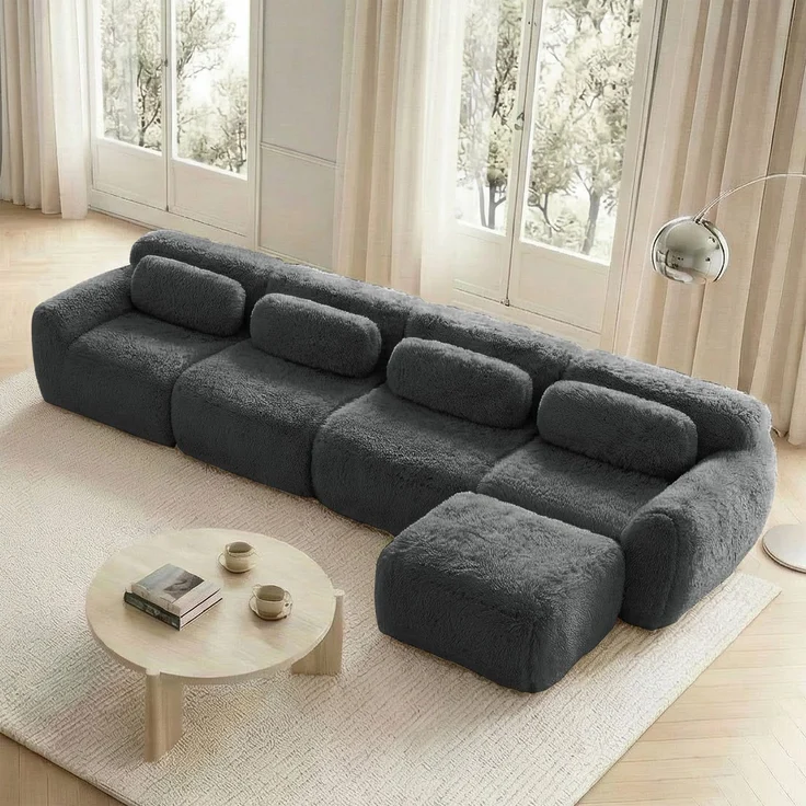 Ecksofa aus Plüsch mit modularem Design & ohne Montage, grau – Bild 6
