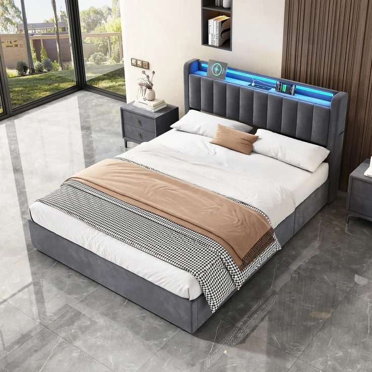 Polsterbett 140 x 190 cm aus Samt mit integriertem Stauraum, USB-Anschluss und LED-Beleuchtung, Dunkelgrau – Bild 4