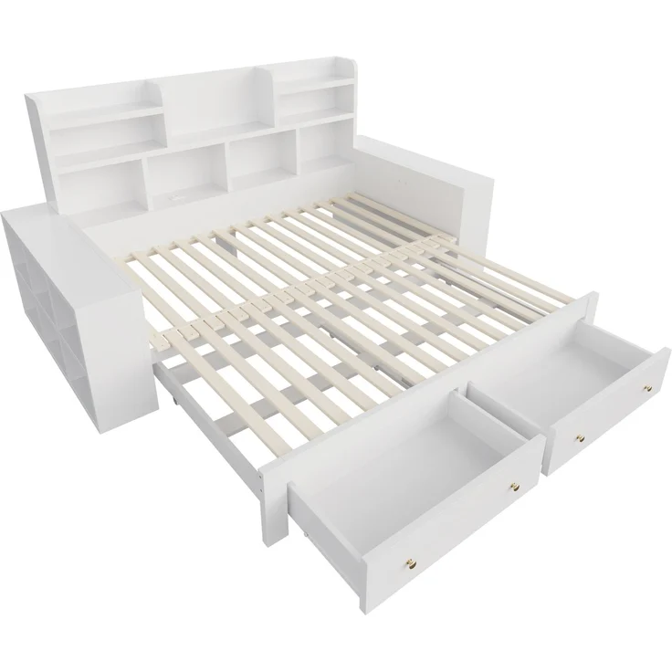 Ausziehbett 90/180×200 cm mit Schubladen und LED-Beleuchtung, Weiß, ohne Matratze – Bild 6