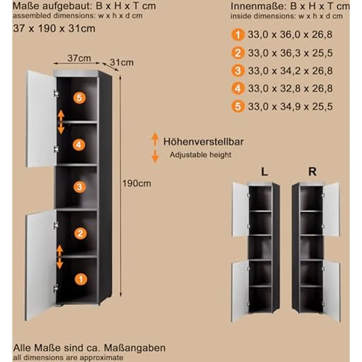 Trendteam 'Amanda' Hochschrank, Holz, Grau Hochglanz, 190 x 31 x 37 cm – Bild 4