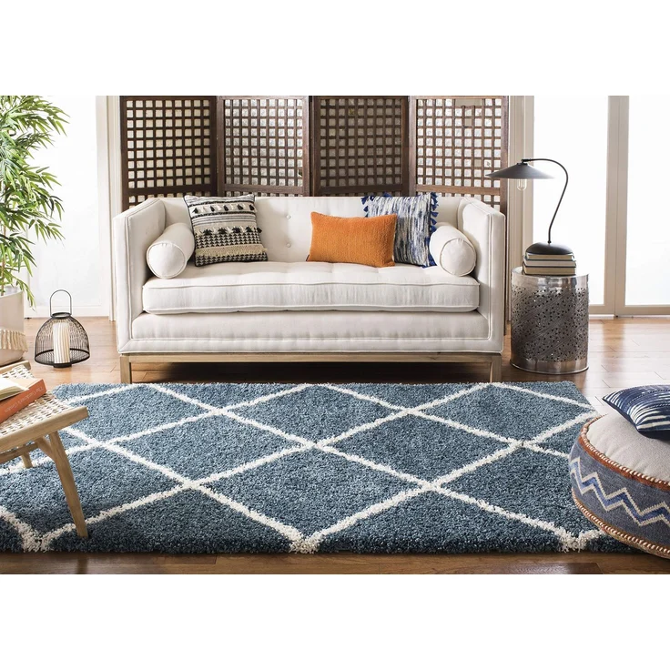 SAFAVIEH Zottelig Teppich für Wohnzimmer, Esszimmer, Schlafzimmer - Hudson Shag Collection, Hoher Flor, Schieferblau und Elfenbein, 183 X 274 cm