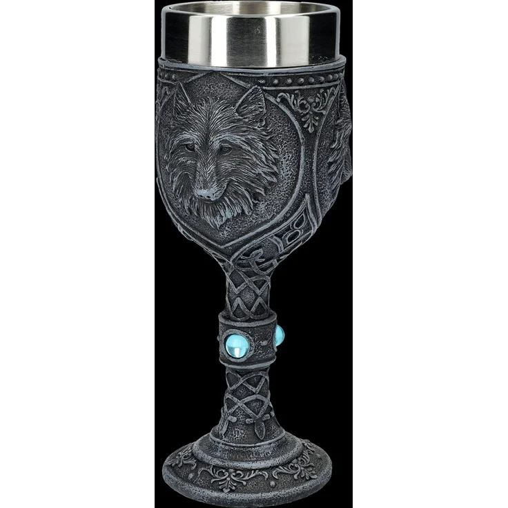 Figuren Shop GmbH Becher Gothic Kelch - Nacht Wolf mit blauen Schmucksteinen - Becher Fantasy, Kunststein (Polyresin), Edelstahl – Bild 4
