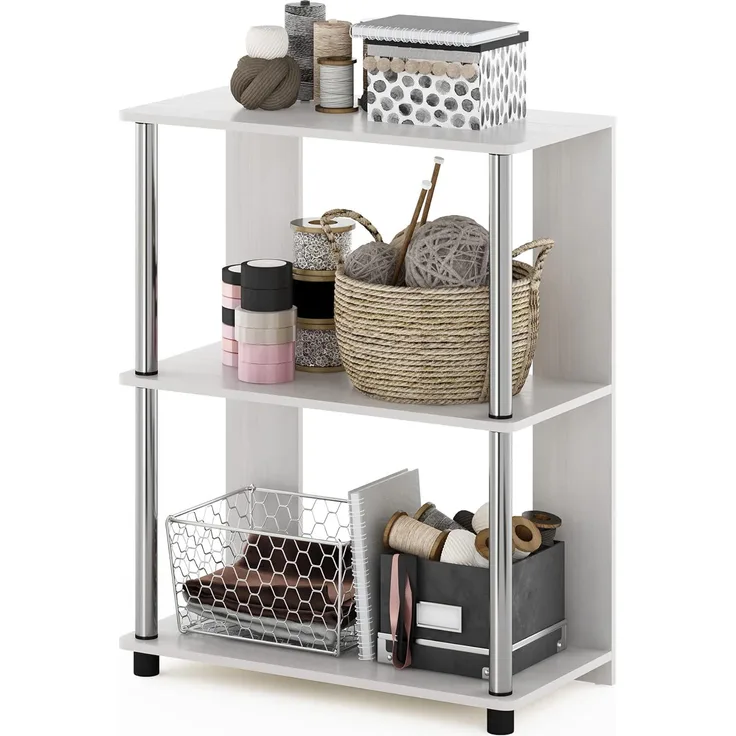 Furinno Jaya Bücherregal im schlichten Design, Weiße Eiche/Edelstahl