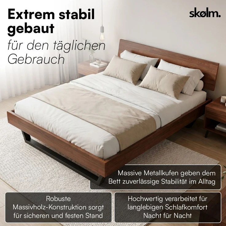 skølm 'Alver' Bett 140x200 cm, Bettgestell, natur geölt, Massivholzbett aus Eiche mit Metallkufen, Walnuss Optik, Bettkopf 1 Strebe – Bild 4