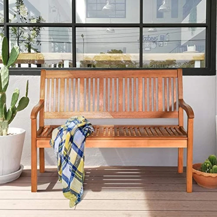 Balkonbank Holz, Holzbank wetterfest, Sitzbank für 2-3 Sitzer, Gartenbank aus Eukalyptus bis 320 kg belastbar, Parkbank für Terrasse, Balkon, Garten, 126 x 63 x 91 cm, Natur – Bild 3