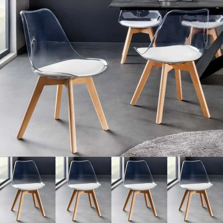 4er Set Design-Klassiker Stuhl NORWAY transparent Kunststoff weiss Buchenholz natur