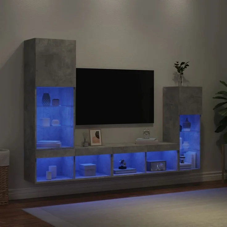 vidaXL 4-tlg. Wohnwand mit LED-Beleuchtung Betongrau Holzwerkstoff 3216650
