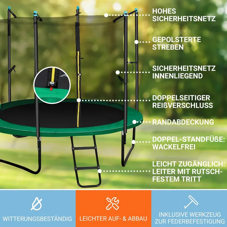Rocketstart 250 Trampolin 250cm Sicherheitsnetz innen breite Leiter grün Grün