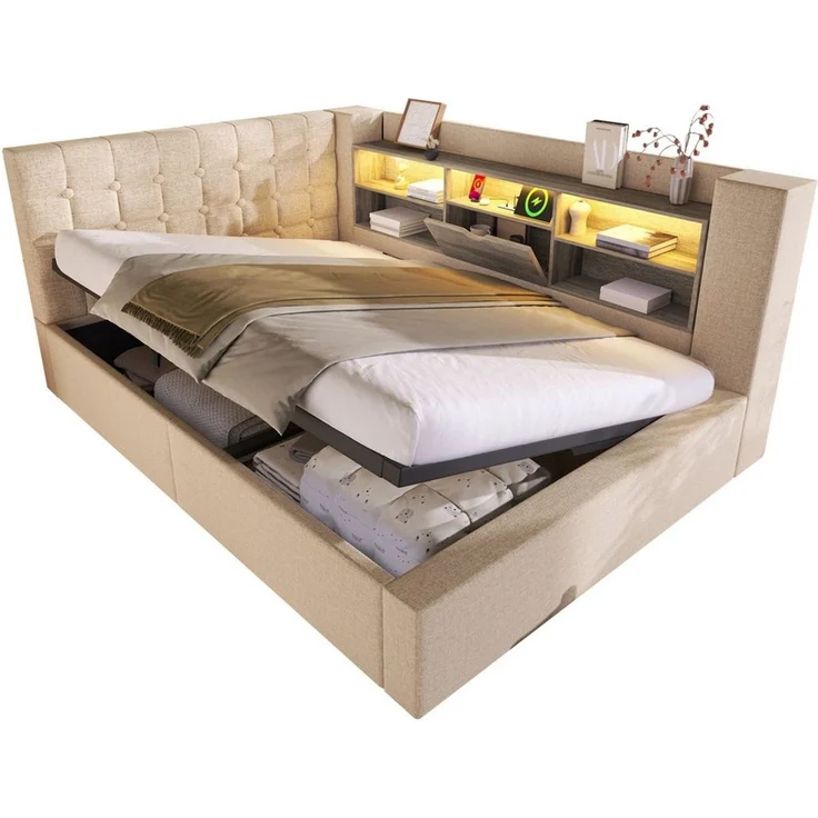 Ulife Polsterbett 140×200cm&weitere Größen mit Bettkasten, LED, hydraulischem Stauraum (1-tlg, Ohne Matratze), L-förmigem Kopfteil beidseitig montierbar, Kinderbett 140x200cm, Beige – Bild 3