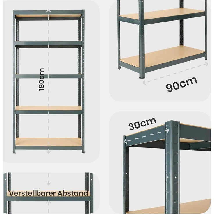 Arebos Schwerlastregal 2er Set | 180 x 90 x 30 cm | 875kg Tragkraft | 0,63 mm | 5 MDF-Platten | Regal Lagerregal Kellerregal Steckregal Werkstattregal | Schwarz – Bild 7