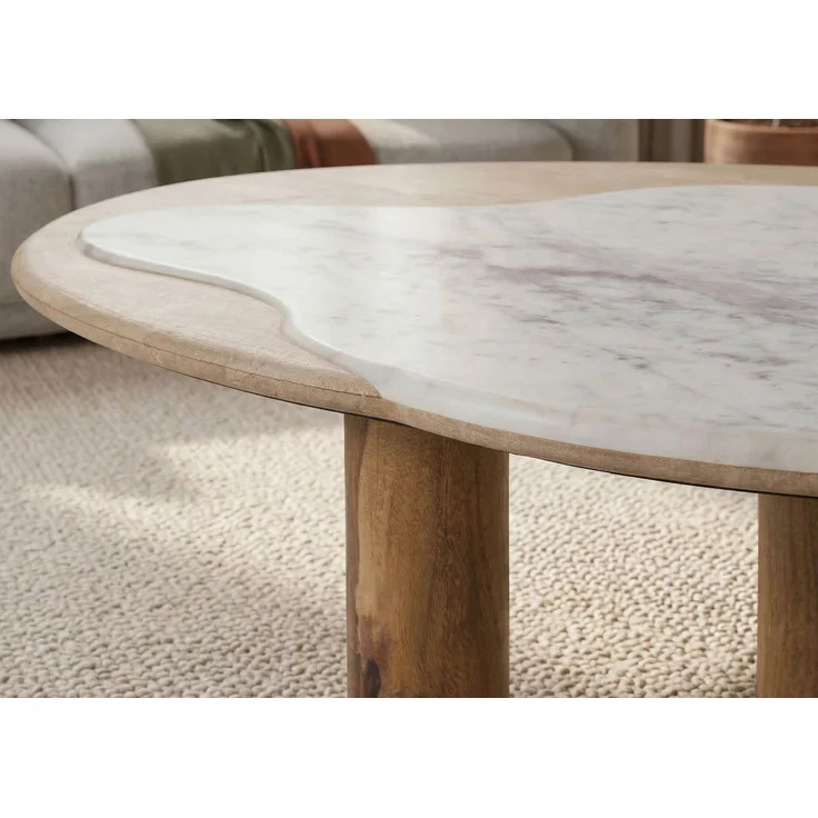 Couchtisch Sheesham 120x70x35 natur sandgestrahlt lackiert / Marmor weiß ORGANIC COLLECTION #30 – Bild 5