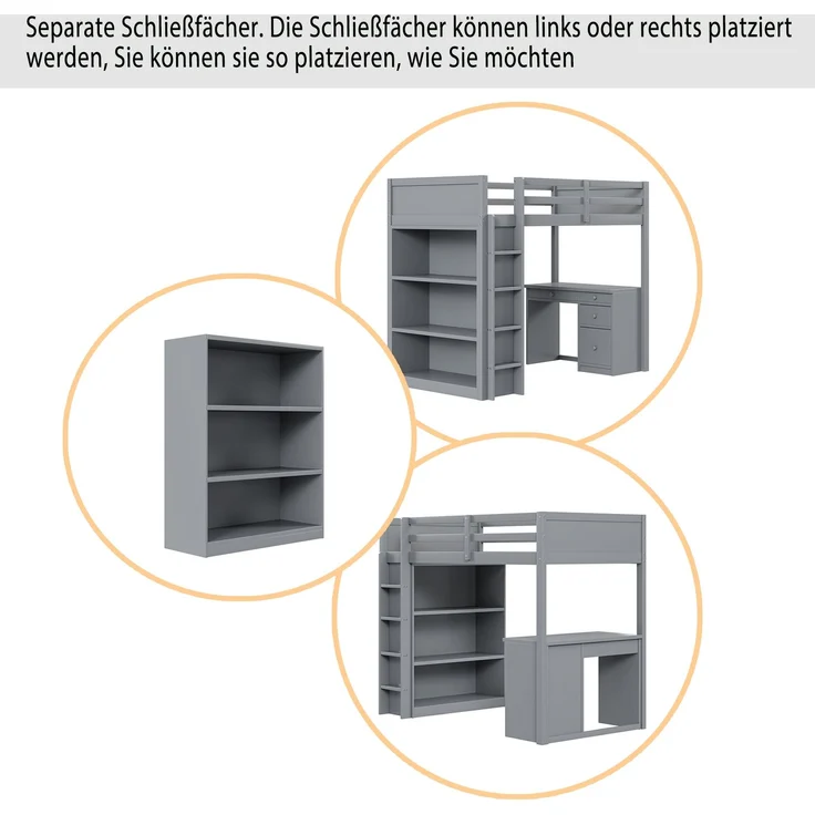 Hochbett 90x200 cm mit Aufbewahrung und Schreibtisch – modulares Massivholz-Design,Grau,platzsparend – Bild 4