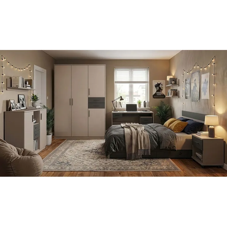 Jugendzimmer Bahamas Grau- Grafit mit Drehtürenschrank und verschiedenen Bettvarianten und Zusammenstellungen wählbar - 7 teilig , Kleiderschrank + Jugendbett + 2 Bettschubkästen + Nachttisch + Schreibtisch + Kommode